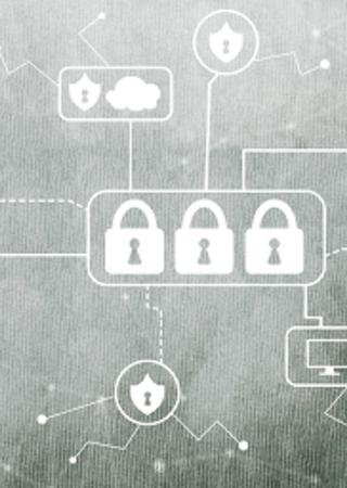 Man connected on laptop + network infographics