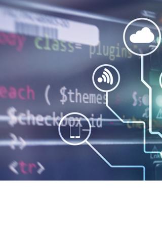 Code on computer screen + network infographics